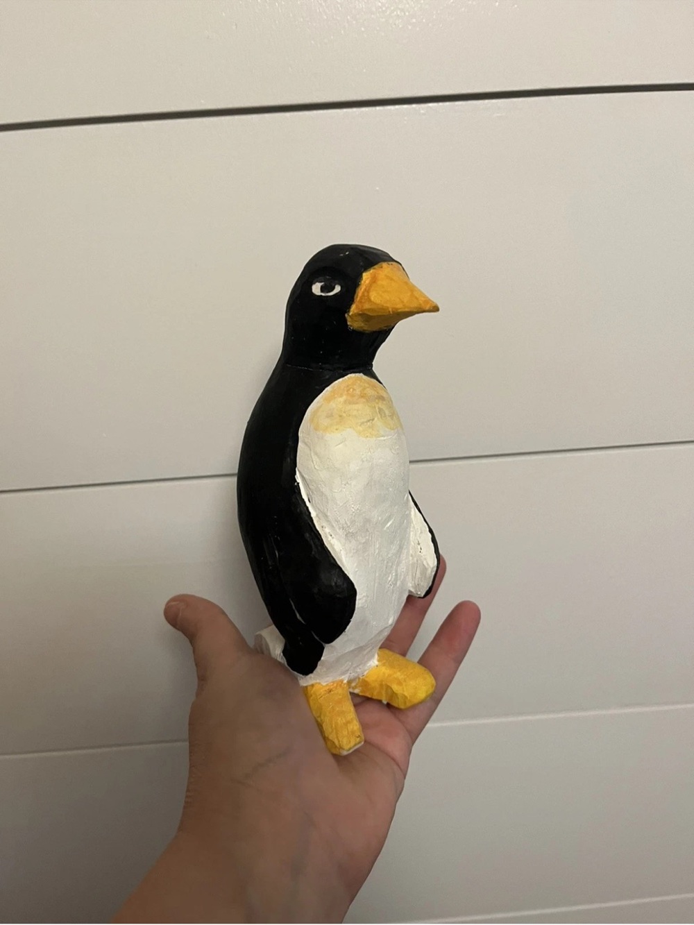 Hand Carved & Hand Painted Folk Art Penguin Statue Solid Wood 70s